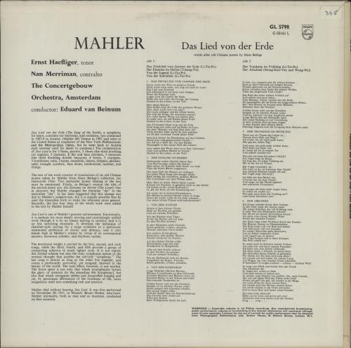 Gustav Mahler Das Lied Von Der Erde vinyl LP album (LP record) UK M22LPDA764085