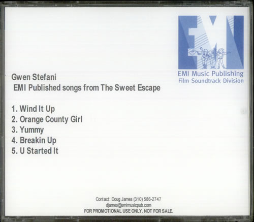 Gwen Stefani EMI Published Songs From The Sweet Escape CD-R acetate US GWSCREM540606
