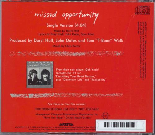 Hall & Oates Missed Opportunity CD single (CD5 / 5") US HNOC5MI361505