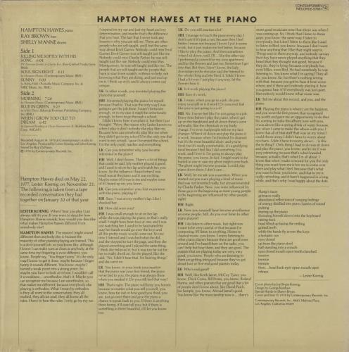 Hampton Hawes At The Piano vinyl LP album (LP record) US HWWLPAT586398