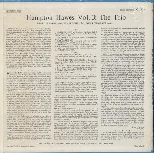 Hampton Hawes Everybody Likes Hampton Hawes Vol. 3: The Trio vinyl LP album (LP record) US HWWLPEV661324