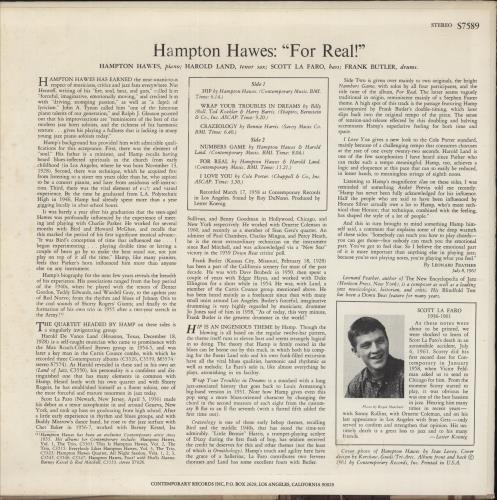 Hampton Hawes For Real! vinyl LP album (LP record) US HWWLPFO532365