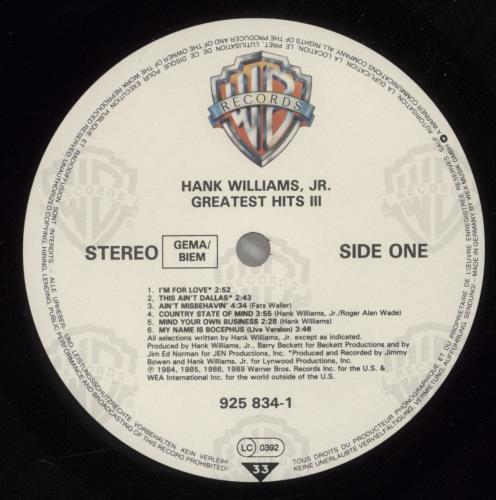 Hank Williams Jr. Greatest Hits lll vinyl LP album (LP record) German HWJLPGR796997