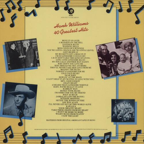 Hank Williams 40 Greatest Hits - red label 2-LP vinyl record set (Double LP Album) UK HNK2LGR760107