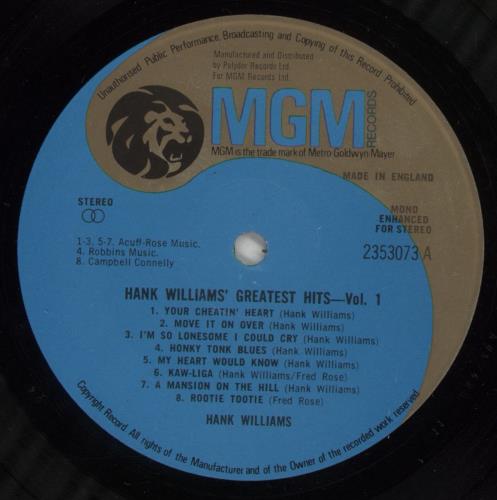Hank Williams Greatest Hits Volume 1 vinyl LP album (LP record) UK HNKLPGR547180