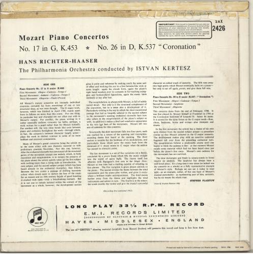Hans Richter-Haaser Mozart Piano Concertos No. 17 in G Major, K.453 & No. 26 in B Flat Major, K.537 "Coronation" vinyl LP album (LP record) UK QMQLPMO700349