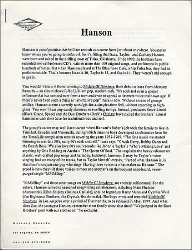Hanson Middle Of Nowhere media press pack US HSOPPMI363855