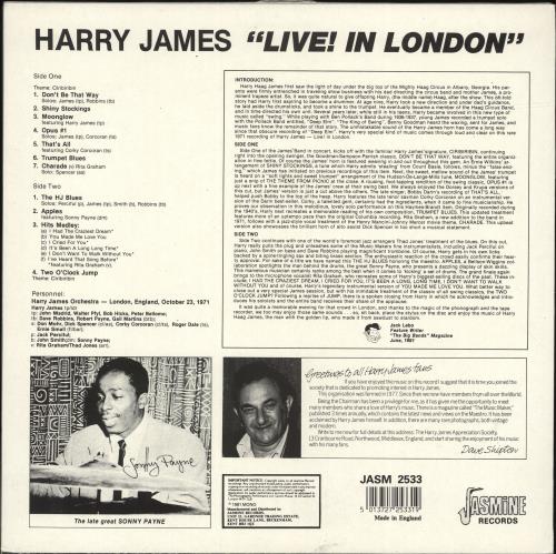 Harry James Live! In London vinyl LP album (LP record) UK HJALPLI689616