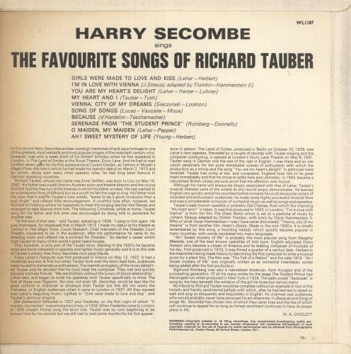 Harry Secombe Sings The Favourite Songs Of Richard Tauber vinyl LP album (LP record) UK H.SLPSI737945