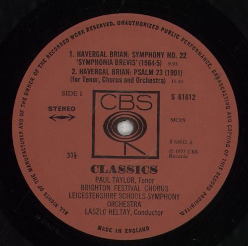 Havergal Brian Symphony No. 22 / Psalm 23 / English Suite No. 5 vinyl LP album (LP record) UK HFGLPSY630840