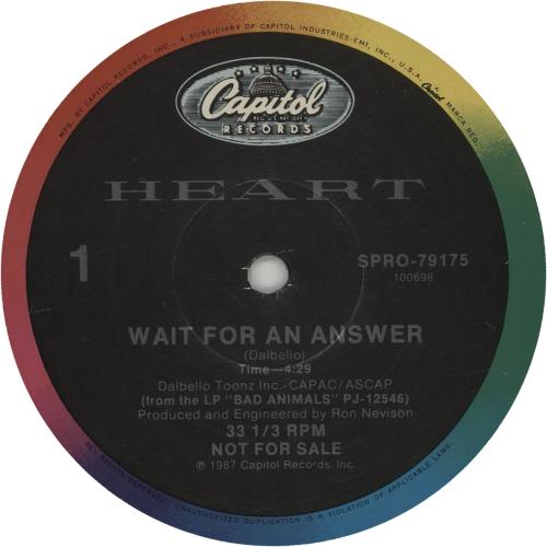 Heart Wait For An Answer 12" vinyl single (12 inch record / Maxi-single) US HEA12WA65945