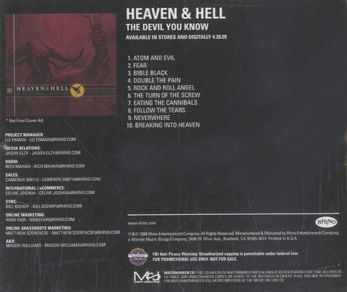 Heaven & Hell The Devil You Know CD-R acetate US HLHCRTH509996