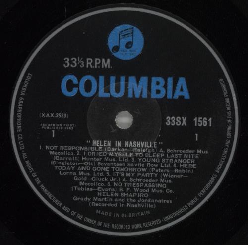 Helen Shapiro Helen In Nashville vinyl LP album (LP record) UK HESLPHE534673