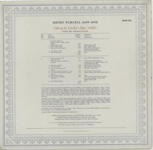 Henry Purcell Ode on St. Cecilia's Day vinyl LP album (LP record) German PZ5LPOD536444
