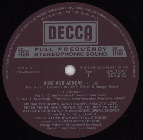 Henry Purcell Purcell: Dido & Aeneas vinyl LP album (LP record) UK PZ5LPPU852982