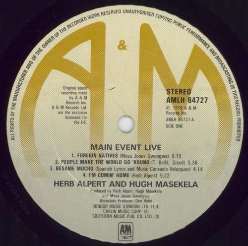 Herb Alpert Herb Alpert & Hugh Masekela The Main Event Live vinyl LP album (LP record) UK HBALPHE721519