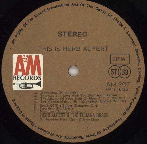 Herb Alpert This Is Herb Alpert vinyl LP album (LP record) Greek HBALPTH743646