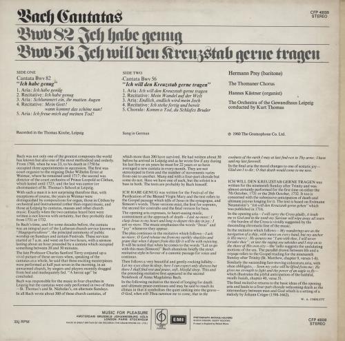 Hermann Prey Bach Cantatas: Bwv 82 "Ich Habe Genug" & Bwv 56 "Ich Will Den Kreuzstab Gerne Tragen" vinyl LP album (LP record) UK 23ULPBA760999