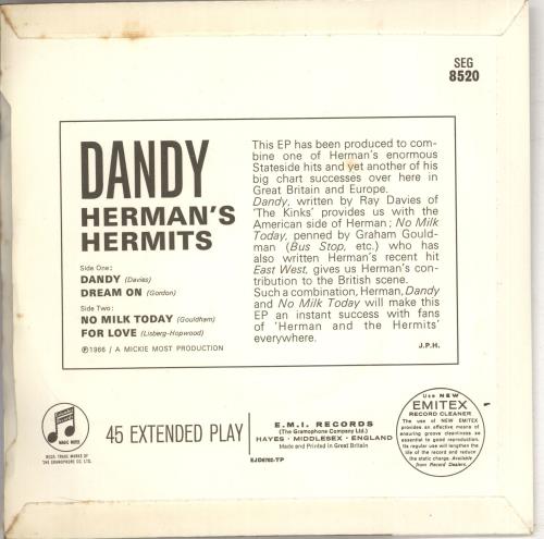 Herman's Hermits Dandy EP + Sleeve 7" vinyl single (7 inch record / 45) UK HMH07DA193232