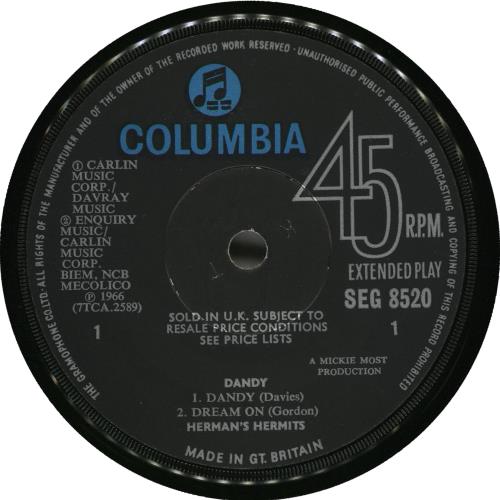 Herman's Hermits Dandy EP + Sleeve 7" vinyl single (7 inch record / 45) UK HMH07DA193232