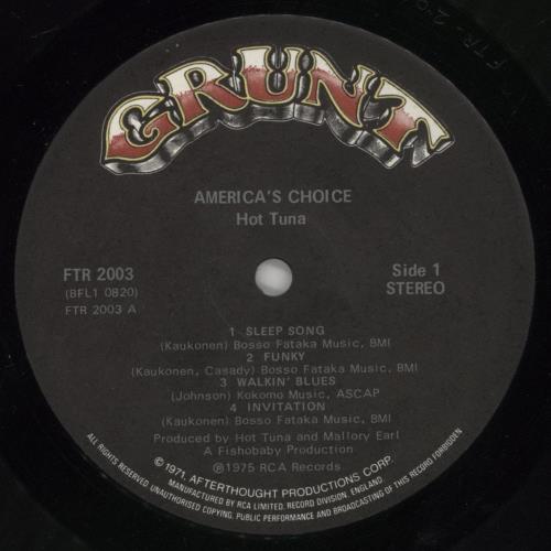 Hot Tuna America's Choice vinyl LP album (LP record) UK TUNLPAM315213