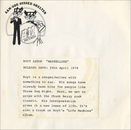 Hoyt Axton Maybelline - P/S 7" vinyl single (7 inch record / 45) UK AXT07MA481203
