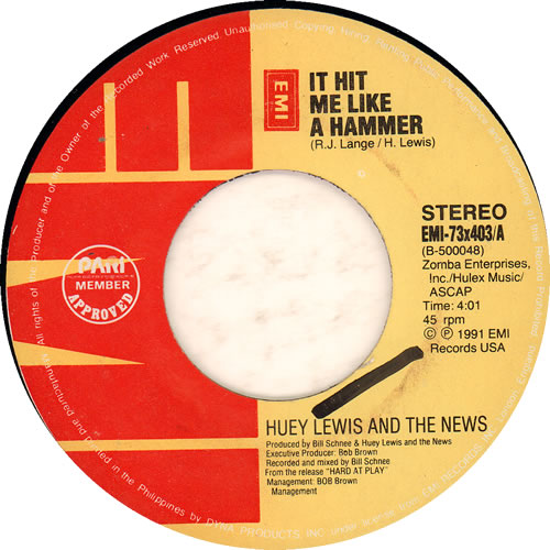 Huey Lewis & The News It Hit Me Like An Hammer 7" vinyl single (7 inch record / 45) Philippino HLN07IT637965