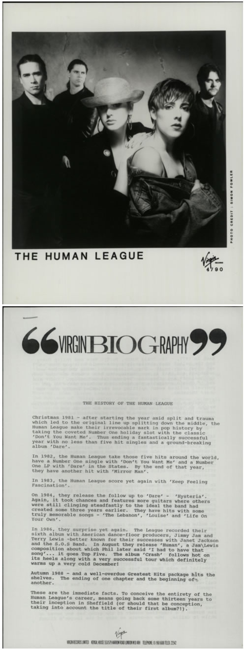 Human League 1990 Press Pack media press pack UK HUMPPPR590921
