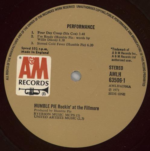 Humble Pie Performance: Rockin' The Fillmore - 1st - Red Vinyl - VG 2-LP vinyl record set (Double LP Album) UK HMB2LPE794149