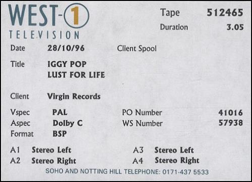 Iggy Pop Lust For Life video (VHS or PAL or NTSC) UK IGGVILU92096