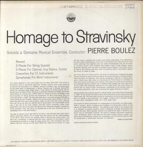 Igor Stravinsky Homage To Stravinsky vinyl LP album (LP record) US S0ULPHO857334