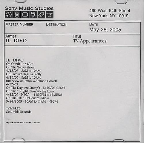 Il Divo TV Appearances promo DVD-R US IDIDRTV395292