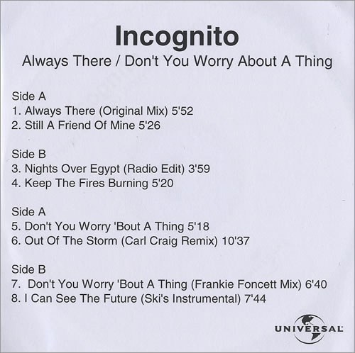 Incognito Always There/Don't You Worry About A Thing CD-R acetate UK ICGCRAL439596