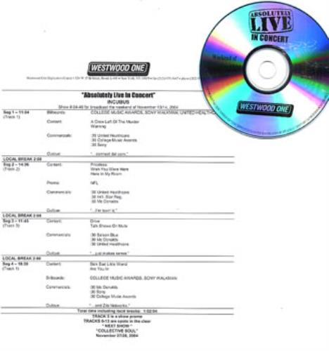 Incubus Absolutely Live In Concert CD-R acetate US IUUCRAB315814