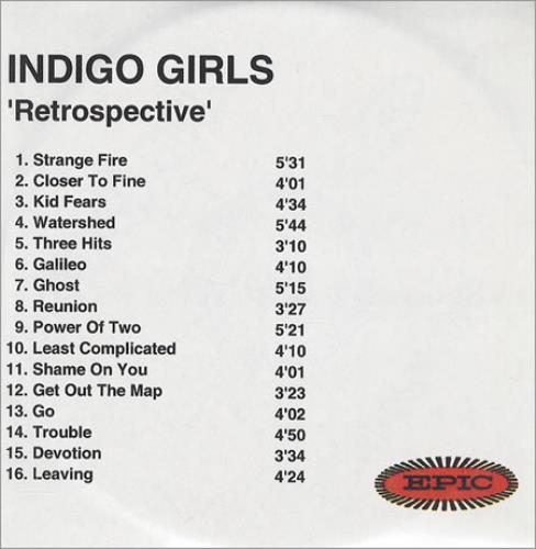 Indigo Girls Retrospective CD-R acetate UK IDGCRRE168753