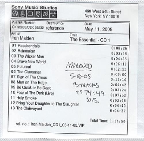 Iron Maiden The Essential CD-R acetate US IROCRTH332561