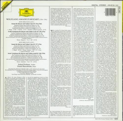 Itzhak Perlman & Daniel Barenboim Mozart: Sonaten F�r Klavier Und Violine Kv376 & Kv377 / 12 Variationen Kv359 / 6 Variationen Kv360 vinyl LP album (LP record) German 3TZLPMO769862