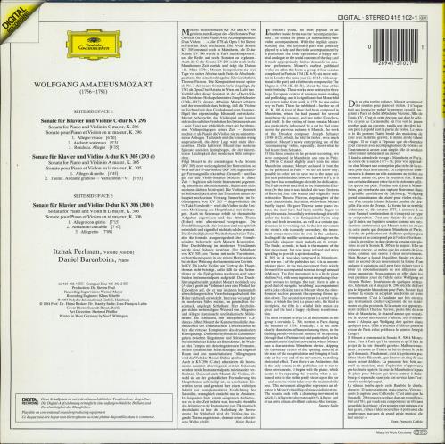 Itzhak Perlman & Daniel Barenboim Mozart: Sonaten F�r Klavier Und Violine vinyl LP album (LP record) German 3TZLPMO769861