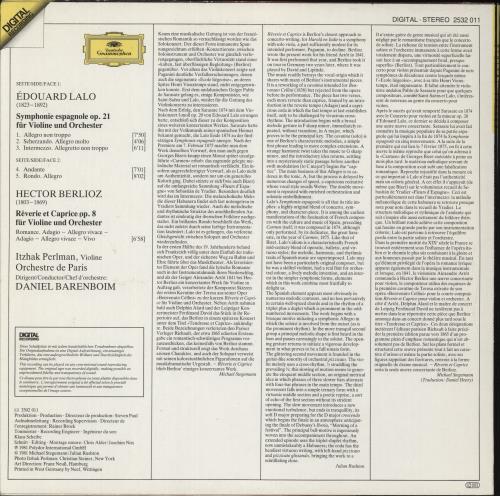 Itzhak Perlman & Daniel Barenboim Symphonie Espagnole / R�verie Et Caprice vinyl LP album (LP record) German 3TZLPSY874964