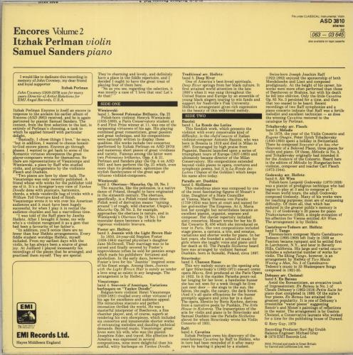 Itzhak Perlman Encores Volume 2 vinyl LP album (LP record) UK IT-LPEN887130