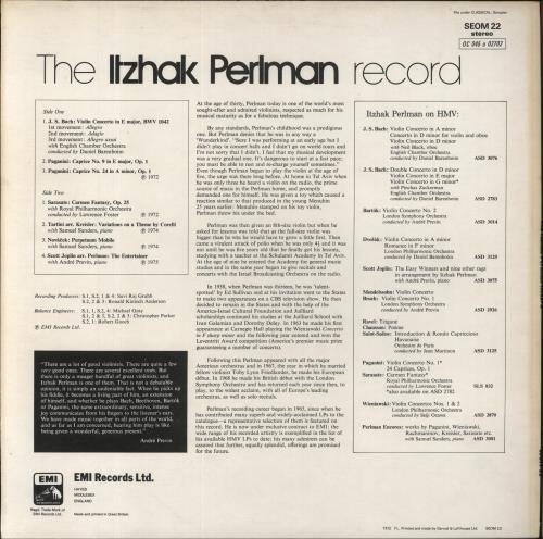 Itzhak Perlman The Itzhak Perlman Record - Factory Sample vinyl LP album (LP record) UK IT-LPTH861268