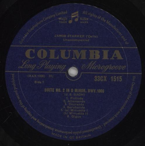 Jnos Starker Bach: Suites For Unaccompanied Cello: No. 2 in D Minor / No. 5 in C Minor - VG vinyl LP album (LP record) UK K5YLPBA862753