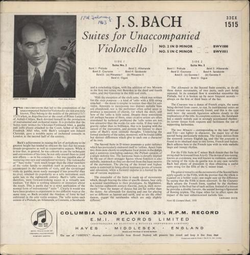 Jnos Starker Bach: Suites For Unaccompanied Cello: No. 2 in D Minor / No. 5 in C Minor - VG vinyl LP album (LP record) UK K5YLPBA862753