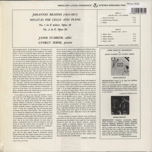 J�nos Starker Brahms: Cello And Piano Sonatas - 180gm - Shrink vinyl LP album (LP record) German K5YLPBR879243