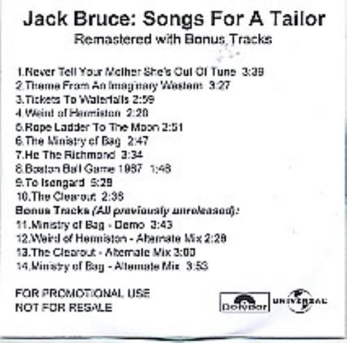 Jack Bruce Songs For A Tailor - Remastered CD-R acetate UK J-BCRSO277715