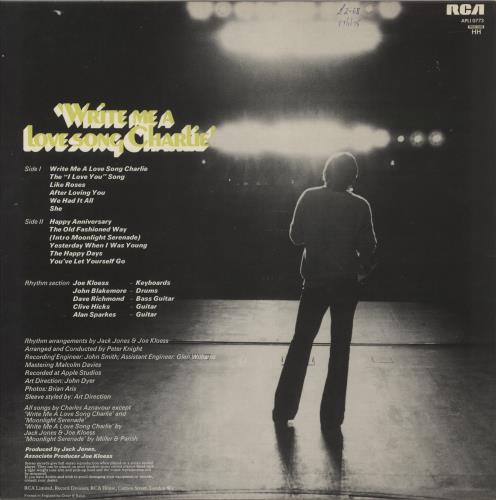 Jack Jones Write Me A Love Song, Charlie vinyl LP album (LP record) UK JJELPWR358052