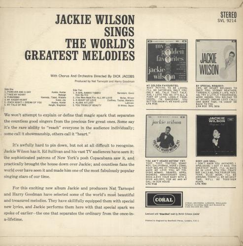 Jackie Wilson Sings The World's Greatest Melodies - Mint vinyl LP album (LP record) UK JACLPSI739919
