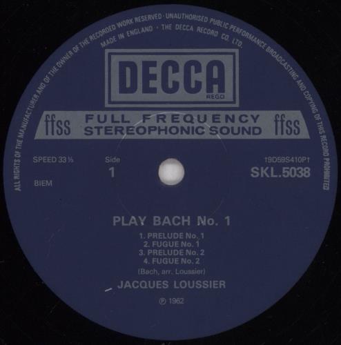 Jacques Loussier Play Bach No. 1 vinyl LP album (LP record) UK JCQLPPL833544