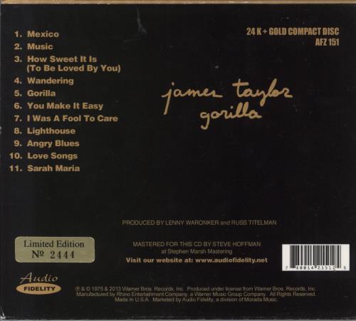 James Taylor Gorilla CD album (CDLP) US JTYCDGO807240