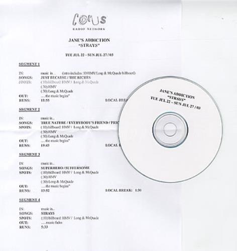 Janes Addiction Strays - World Album Premiere CD-R acetate Canadian JANCRST322120